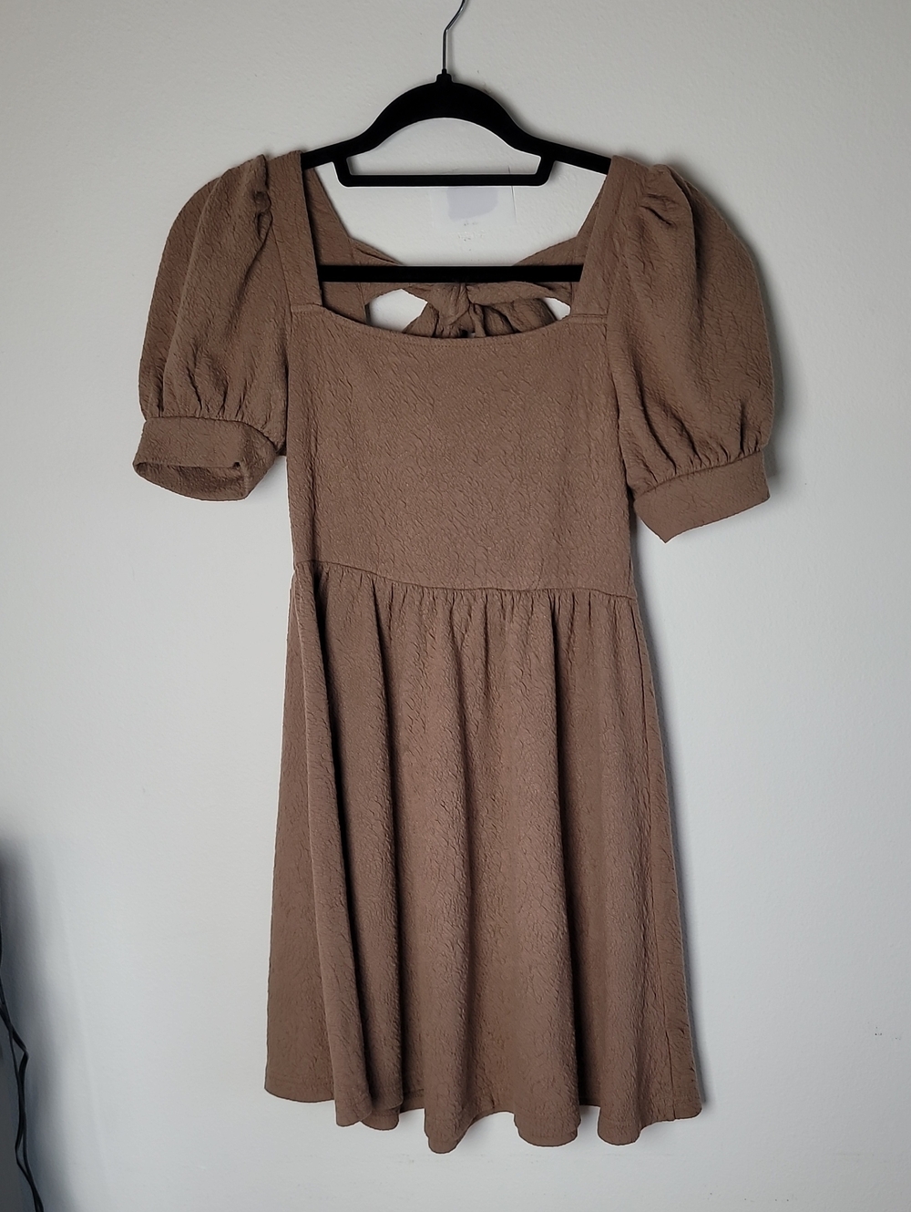 MINE Brown textured mini dress short puff sleeves square neckline